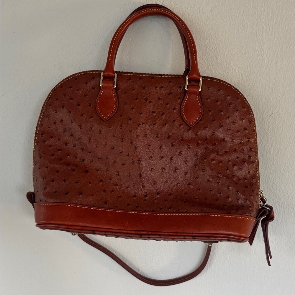Dooney & Bourke brown ostrich leather zip zip satchel crossbody bag - Picture 7 of 16